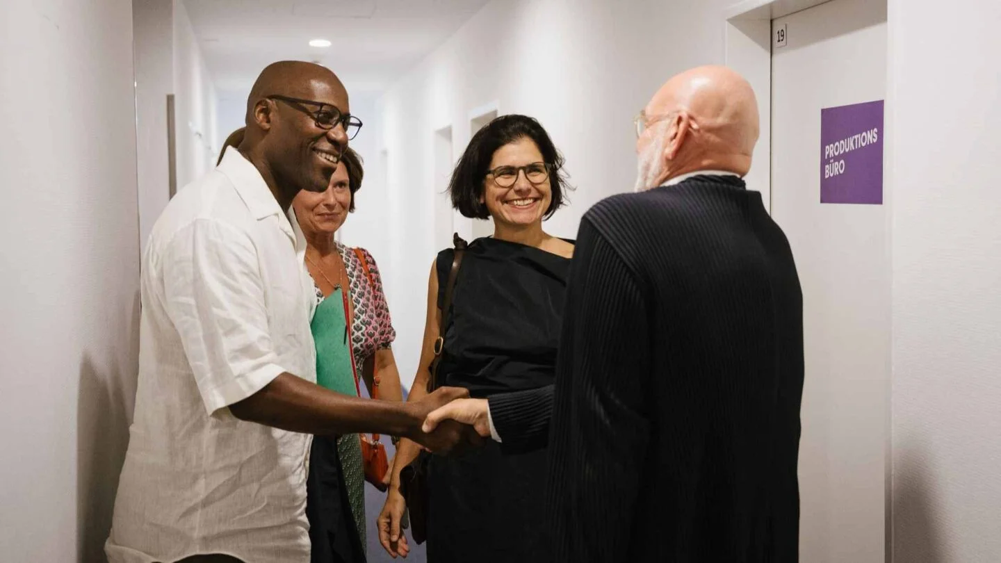 Joe Chialo, Berlin Senator for Culture and Social Cohesin, Festival Director Lavinia Frey, Board Member of the Festival's Supporting Organization Peter-Weiss-Stiftung für Kunst und Politik e.V. Prof. Johannes Kister © internationales literaturfestival berlin, PWS e.V., Foto: Phil Dera