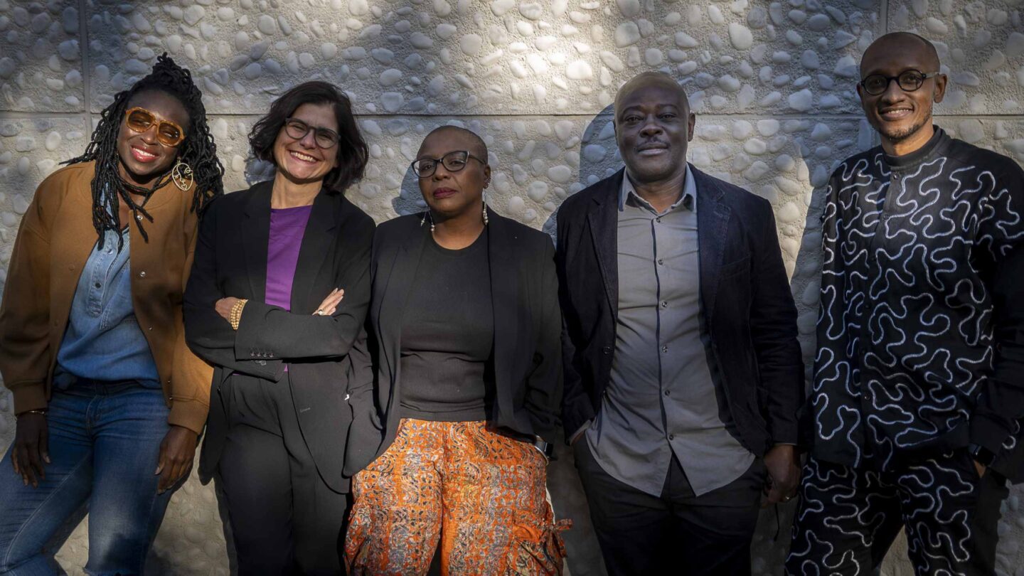 Alexandra Antwi-Boasiako, Lavinia Frey, Lola Shoneyin, Helon Habila, Mkuki Bgoya © internationales literaturfestival berlin, PWS e.V., Foto: Charlotte Kunstmann